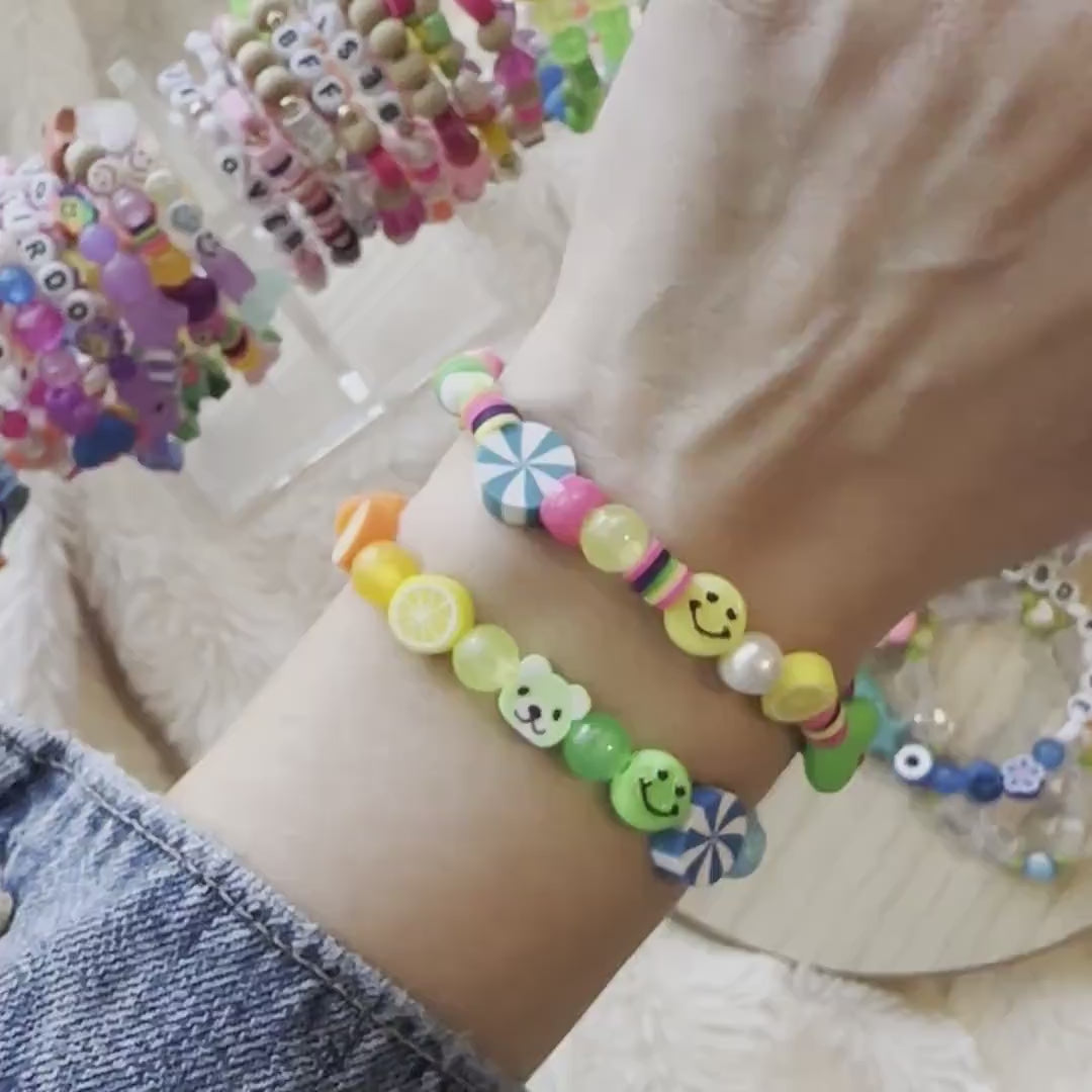 Y2K Beaded Bracelet, Multi-Color Kandi Rave Jewelry with Gummy Bear Charm