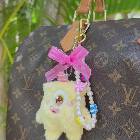 Pastel candy monster purse charms - Cute keychain plush for trendy y2k style, 90s aesthetic | Kawaii purse jewelry | Fuzzy book bag charm