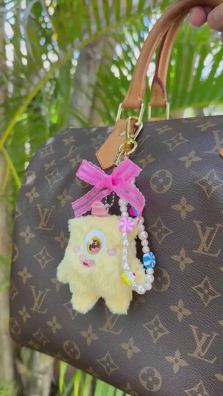 Pastel candy monster purse charms - Cute keychain plush for trendy y2k style, 90s aesthetic | Kawaii purse jewelry | Fuzzy book bag charm
