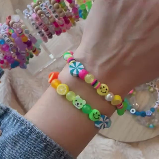 Rainbow Bead Stretch Bracelet: Y2K 90s Kandi Rave Charm Bracelet