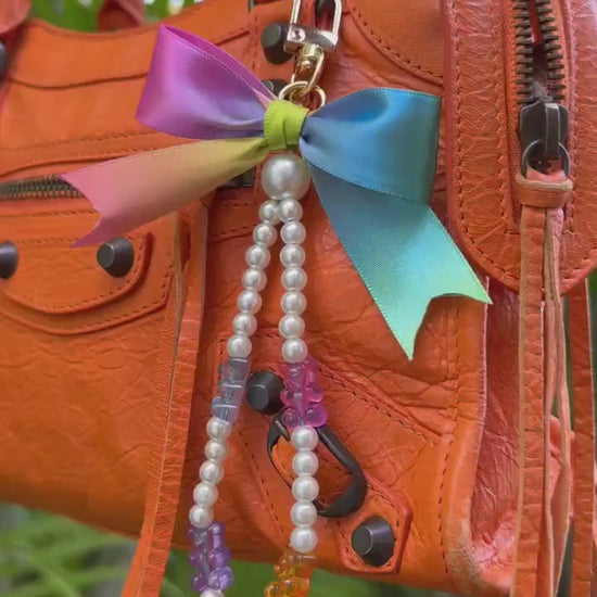 Rainbow Gummy Bear Purse Charm, Y2K Keychain with Pearls, Ombre Ribbon Bow