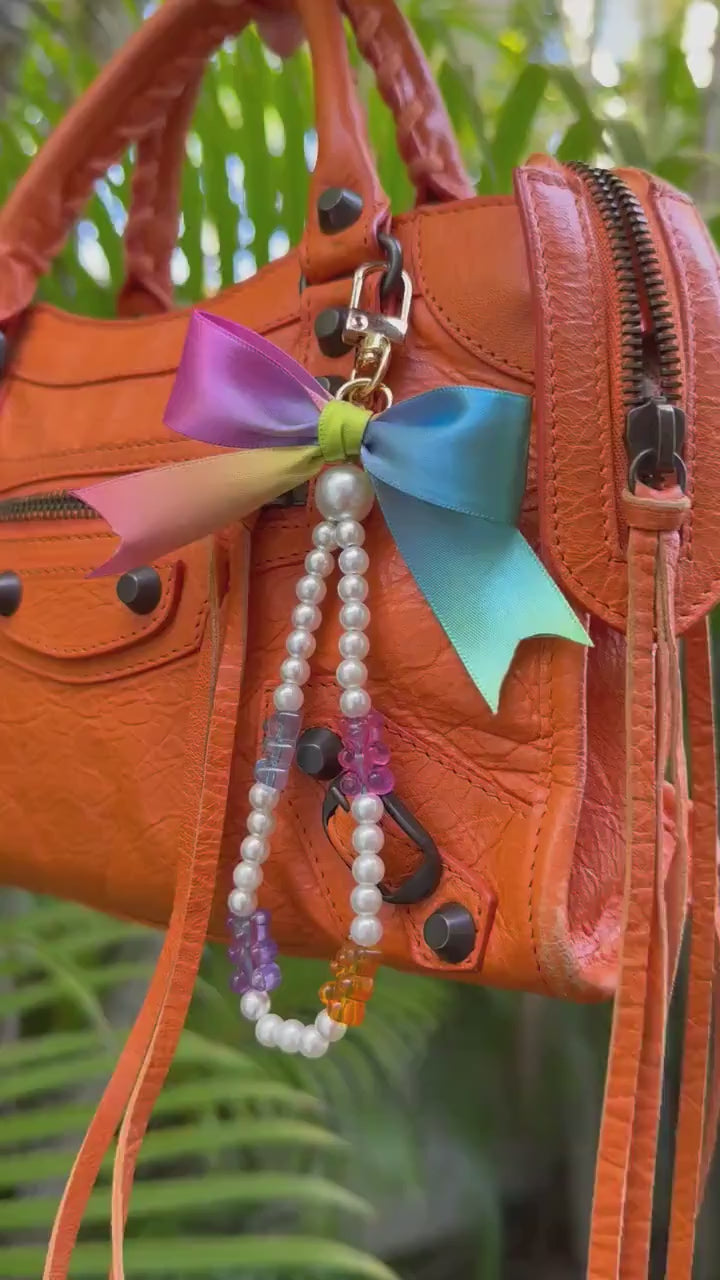 Rainbow Gummy Bear Purse Charm, Y2K Keychain with Pearls, Ombre Ribbon Bow