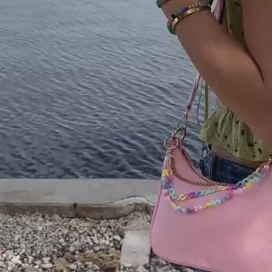 Pink Nylon Crossbody Purse, Y2K Pastel Beaded Charm Shoulder Bag