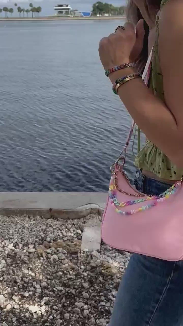 Pink Nylon Crossbody Purse, Y2K Pastel Beaded Charm Shoulder Bag